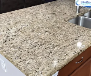 showcasing a smooth, high-gloss reflection under kitchen lighting, referencing countertop coating